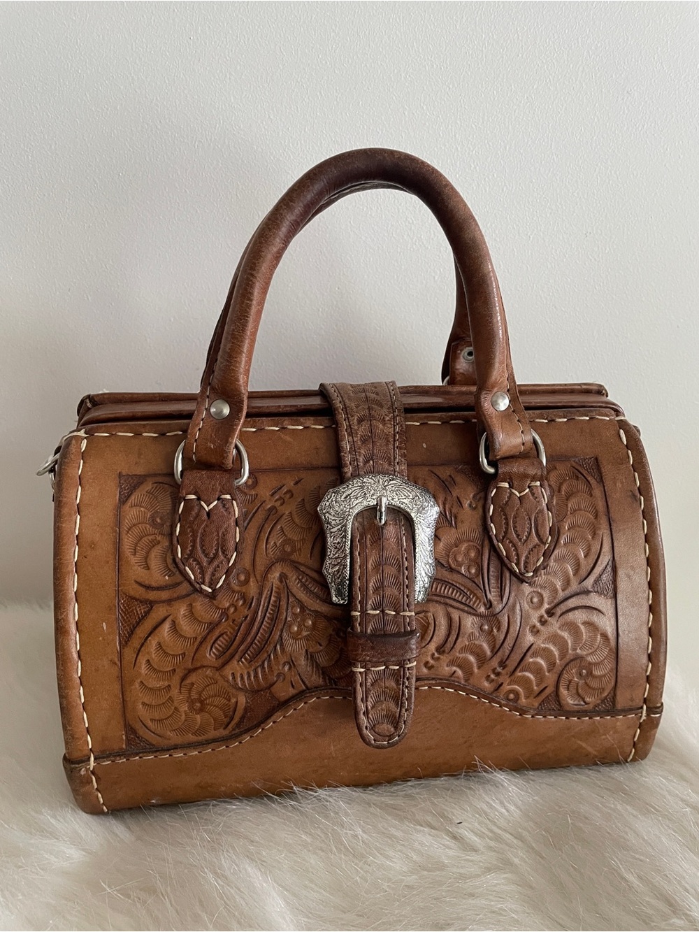 Vintage Tan Tooled Leather Western Handbag